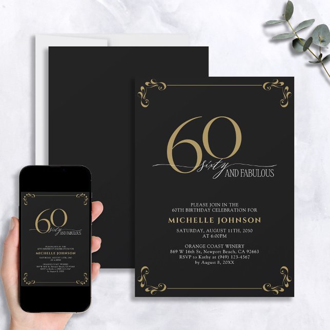 60 & Fabulous Black & Gold Calligraphy Birthday In Invitation (Creator Uploaded)