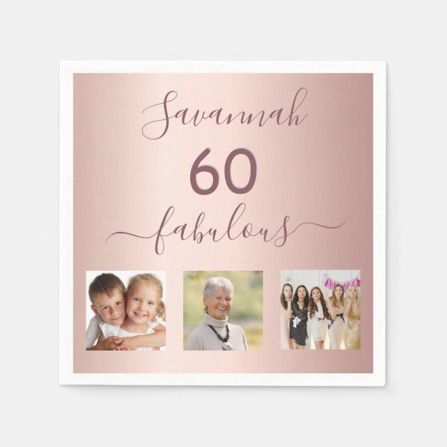 60 fabulous custom photo rose gold birthday party napkin (Front)
