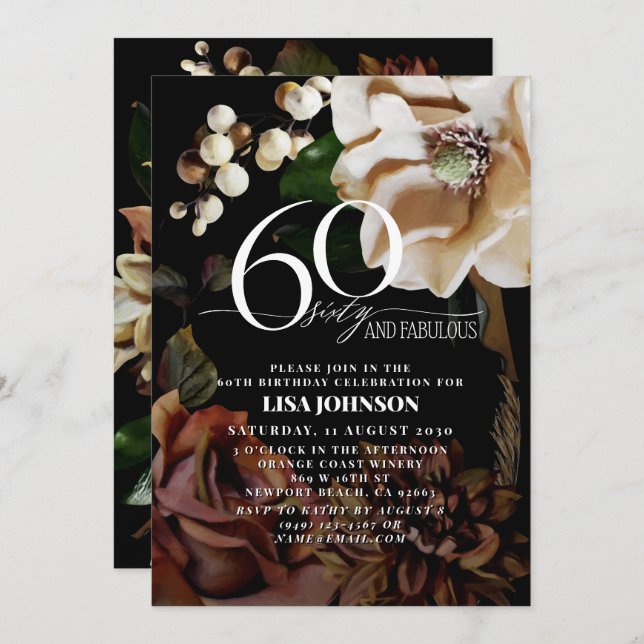 60 & Fabulous Dark Moody Neutral Magnolia Floral Invitation (Front/Back)