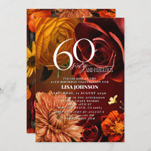60 & Fabulous Dark Moody Sunset Colours Floral Invitation