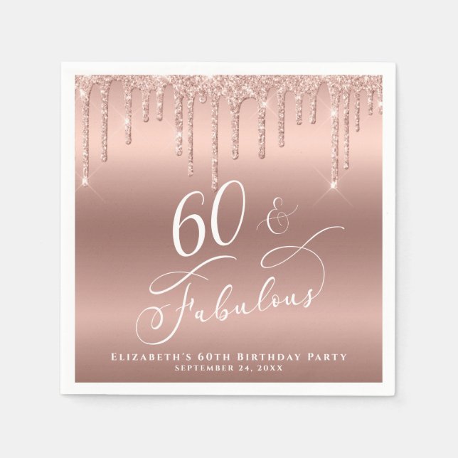 60 Fabulous Glitter Rose Gold Birthday Party Napkin (Front)