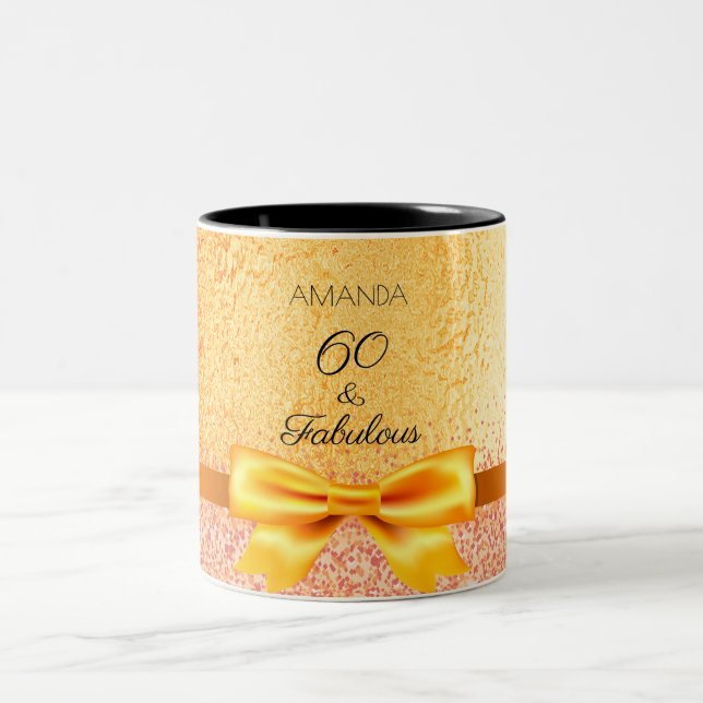 60 fabulous gold bow name Two-Tone coffee mug (Center)
