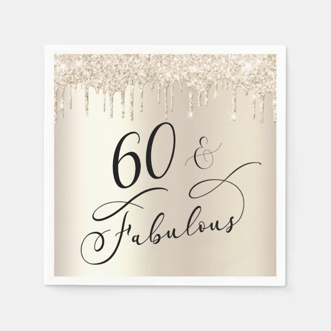 60 Fabulous Gold Glitter Birthday Party Napkin (Front)