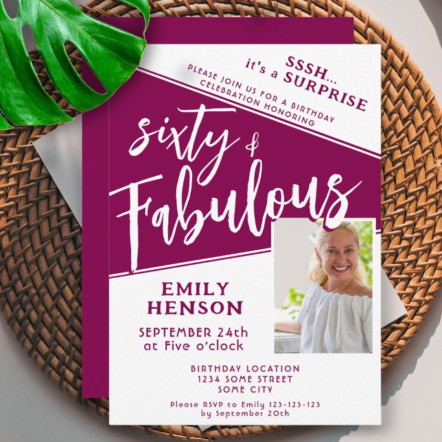 60 & Fabulous Magenta Photo 60th Birthday Surprise Invitation (Creator Uploaded)