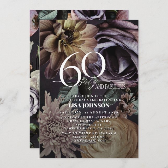 60 & Fabulous Modern Dark Moody Purple Floral  Invitation (Front/Back)
