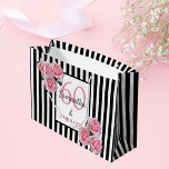 60 fabulous pink florals black white stripes large gift bag<br><div class="desc">Classic slim black and white vertical stripes as background. With girly, feminine and romantic pink flowers, roses as decoration. Perfect for an elegant 60th birthday party for her. With the text: 60 and Fabulous. A white and black frame with templates for name and age. Age number 60 in pink, name...</div>