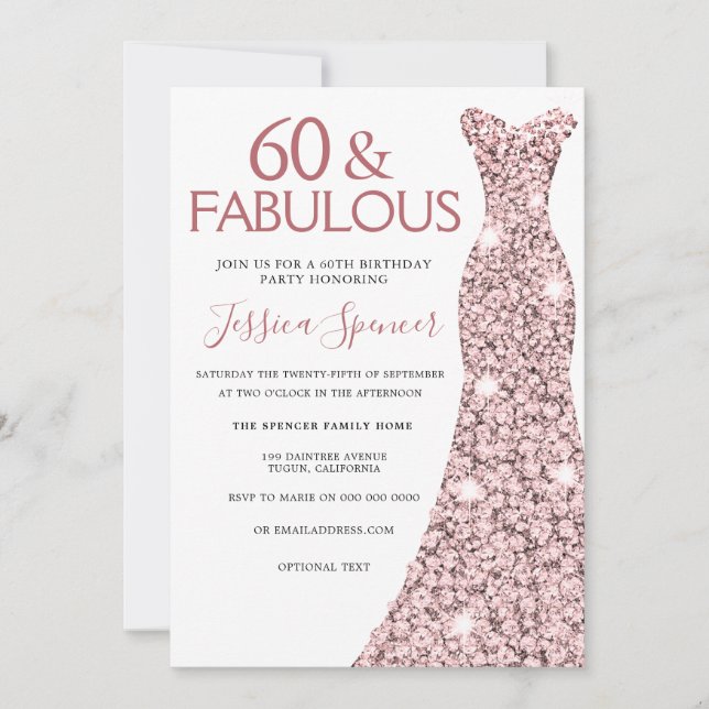 60 & Fabulous Rose Gold Dress 60th Birthday Party Invitation (Front)
