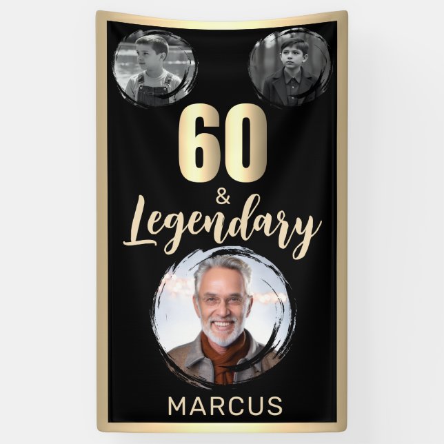 60 & Legendary 3 Photos 60th Birthday Gold Banner (Vertical)