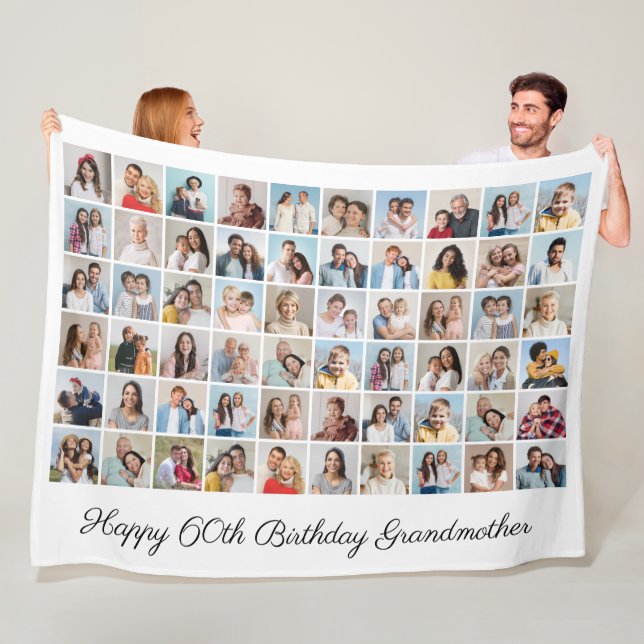 60 Photo Collage Add Any Name & Age Birthday Fleece Blanket (In Situ)