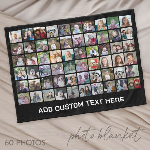 60 Photo Collage Grid - Black with White Text Fleece Blanket