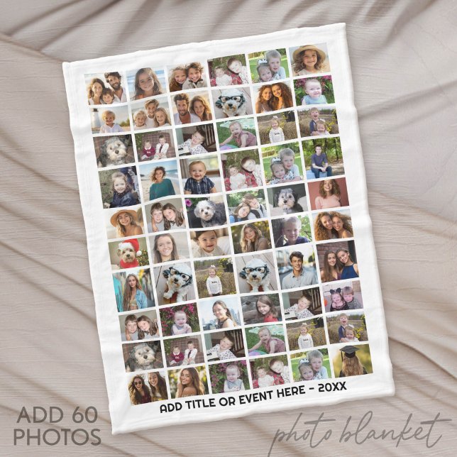 60 Photo Collage Grid - Custom Text - White Fleece Blanket (Custom Fleece Blanket with Photo Collage)