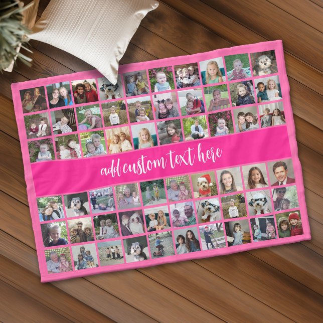 60 Photo Collage Grid - Script Text - hot pink Fleece Blanket (Custom Fleece Blanket - Add Photos and Text)