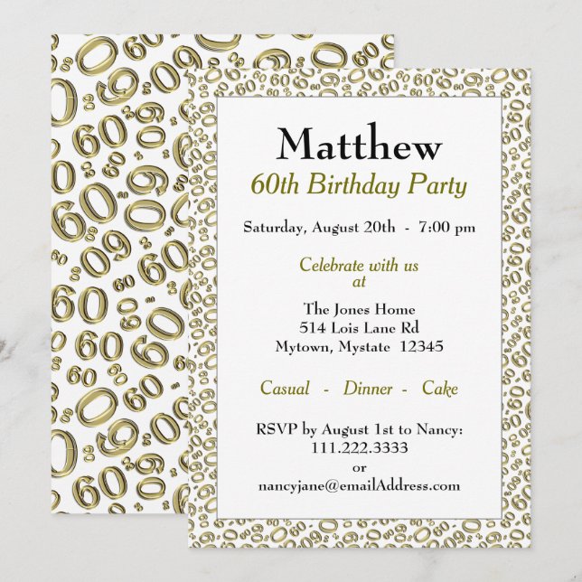 60 Random Number Pattern Gold/White 60th Invitation (Front/Back)