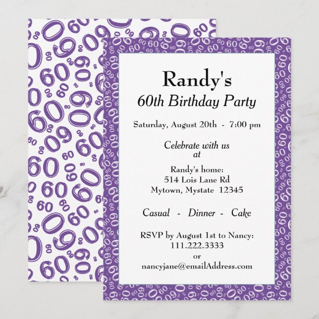 60 Random Number Pattern Purple/White 60th Invitation (Front/Back)
