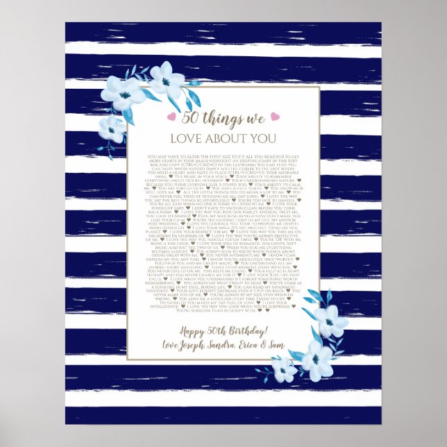 60 reasons why we love you navy stripe poster (Front)