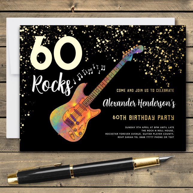 60 Rocks 60th Birthday Party Black Gold Foil Invitation Postcard (Rock and roll black and gold glitter foil 60th birthday party invitation )