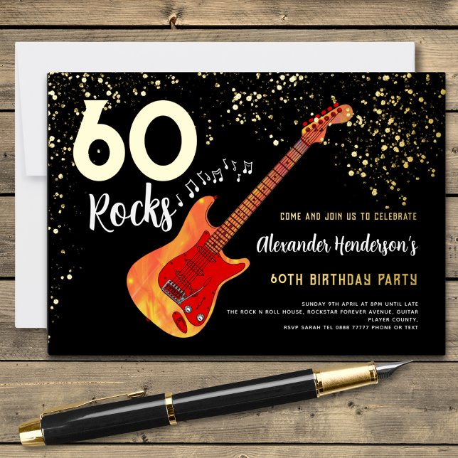 60 Rocks 60th Birthday Party Gold (60 rocks cool fire guitar gold glitter 60th birthday party invitation in black and gold)