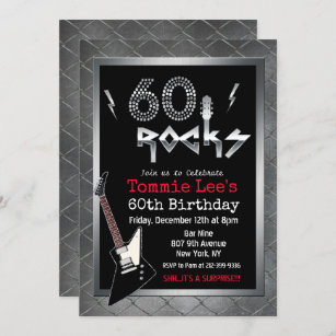 60 Rocks Rockstar Guitar 60th Birthday Invitation