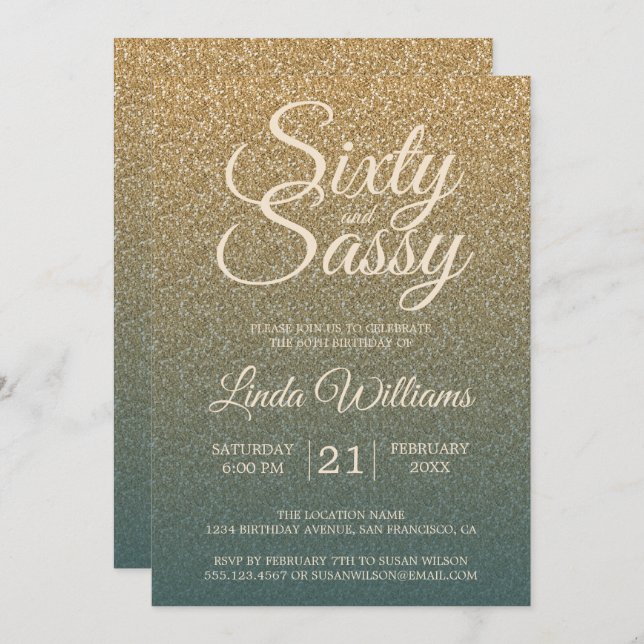 60 Sassy Gold Emerald Ombre 60th Birthday Party Invitation (Front/Back)
