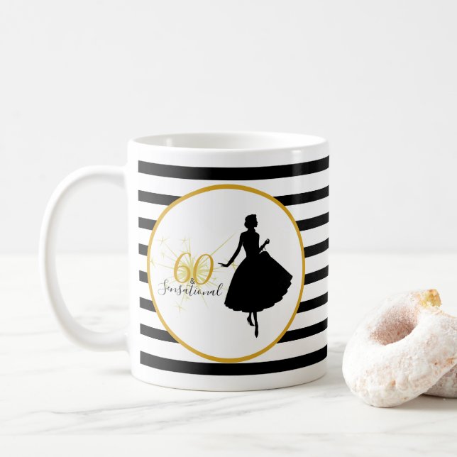 60 & SENSATIONAL 60th Birthday Black/White Stripes Coffee Mug (With Donut)