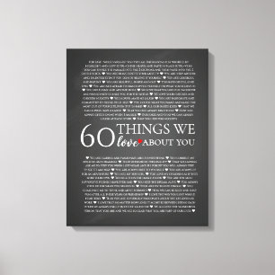 60 things we love about you, 70th 80th birthday canvas print