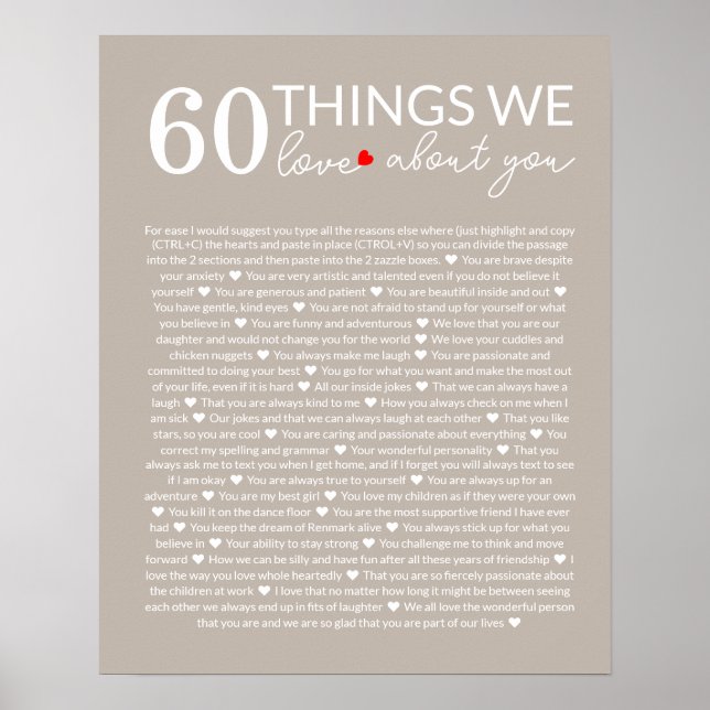 60 things we love about you, 70th 80th birthday poster (Front)