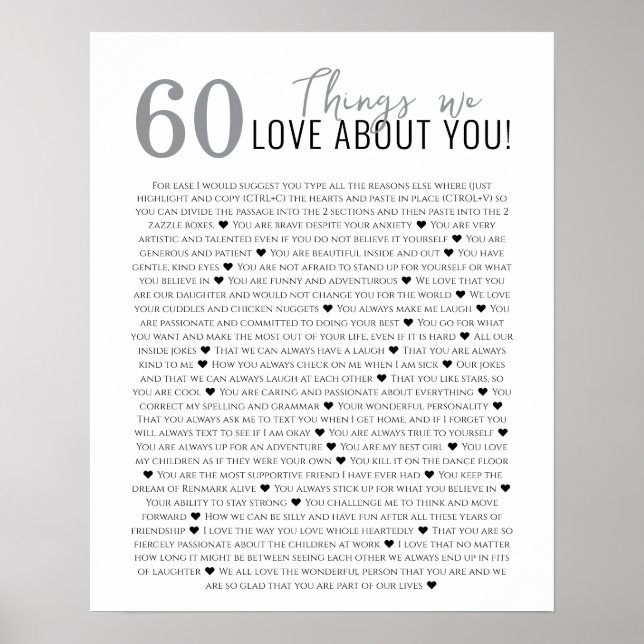 60 things we love about you, 70th 80th birthday poster (Front)