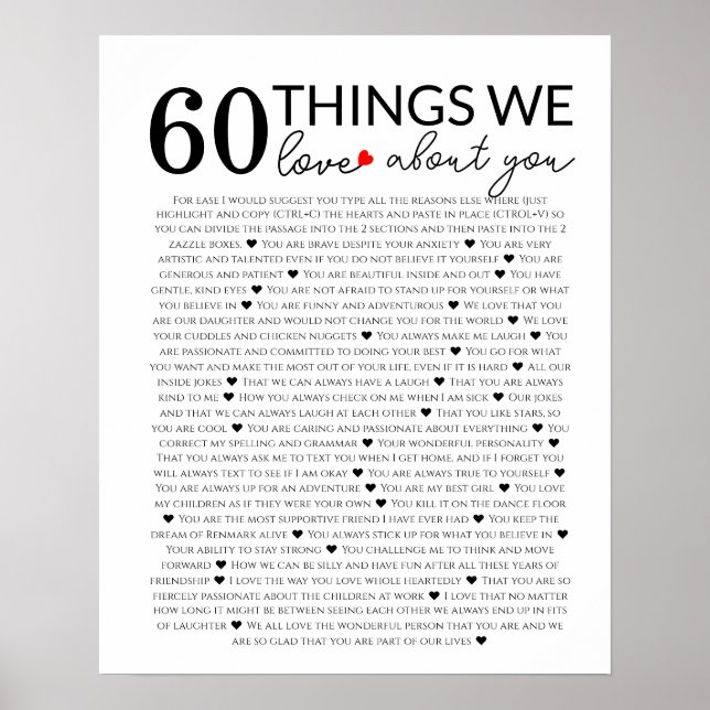 60 things we love about you, 70th 80th birthday poster (Front)