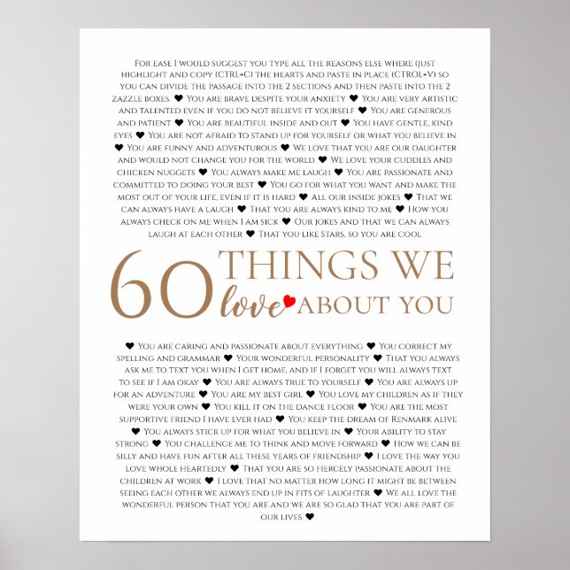 60 things we love about you, 70th 80th birthday poster (Front)