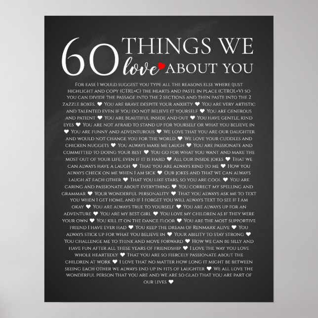 60 things we love about you, 70th 80th birthday poster (Front)