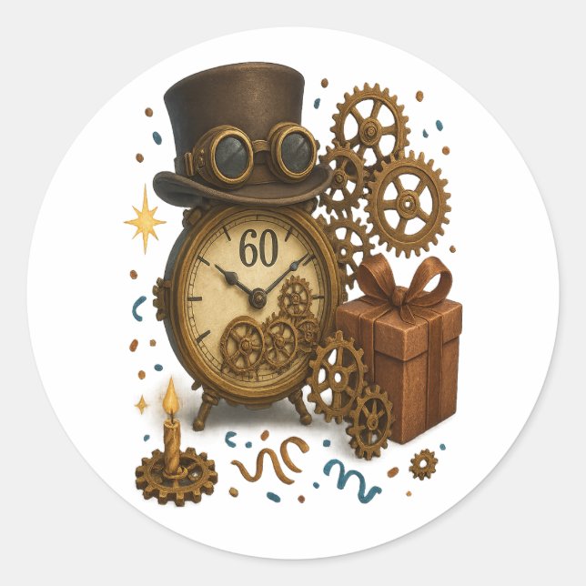60 & Timeless – Steampunk Celebration Classic Round Sticker (Front)