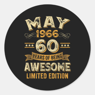 60 years awesome vintage may 1966 60th birthday classic round sticker