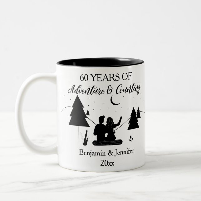 60 Years of adventure & counting Custom Names Two-Tone Coffee Mug (Left)