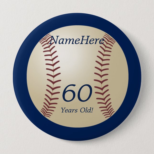 60 Years Old, Baseball on Blue Button Pin (Front)