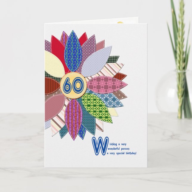 60 years old, stitched flower birthday card (Front)