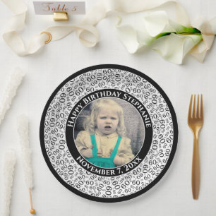 60 Your Photo Random Number Pattern Black/White Paper Plate