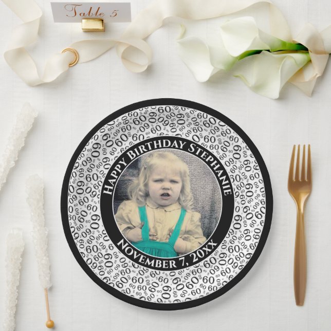 60 Your Photo Random Number Pattern Black/White Paper Plate (Wedding)