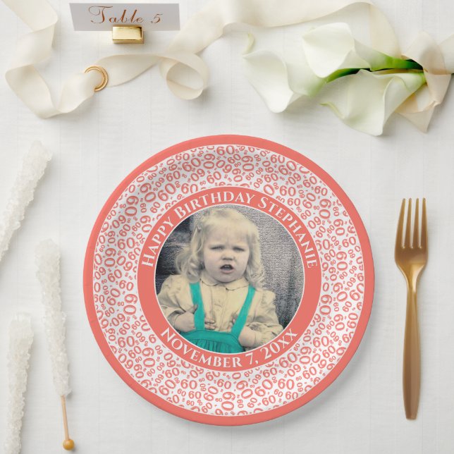 60 Your Photo Random Number Pattern Coral/White Paper Plate (Wedding)