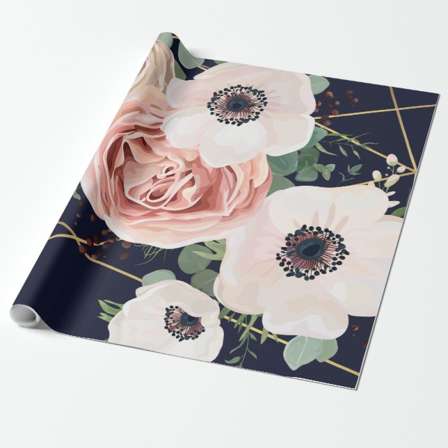 60lb Wrapping Paper Roll Geometric Garden Navy Blu (Unrolled)