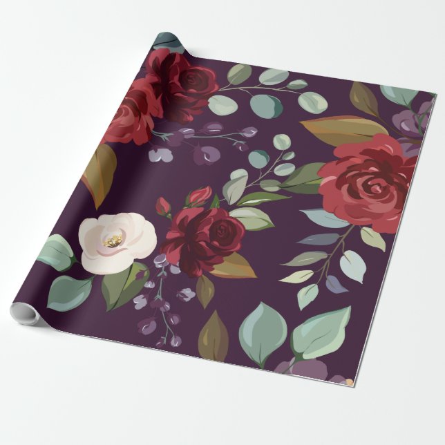 60lb Wrapping Paper Roll Plum Purple Roses Gold Ge (Unrolled)