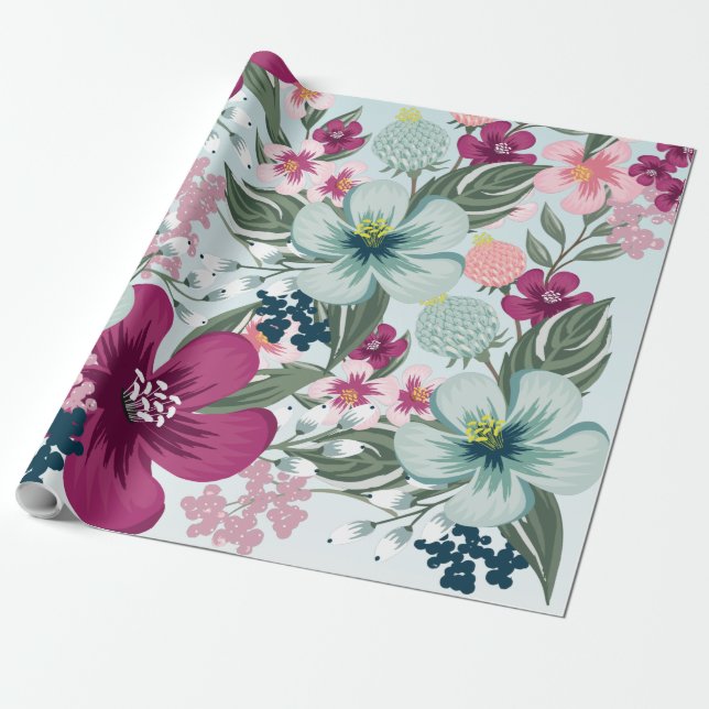 60lb Wrapping Paper Roll Tropical Flowers on Blue (Unrolled)