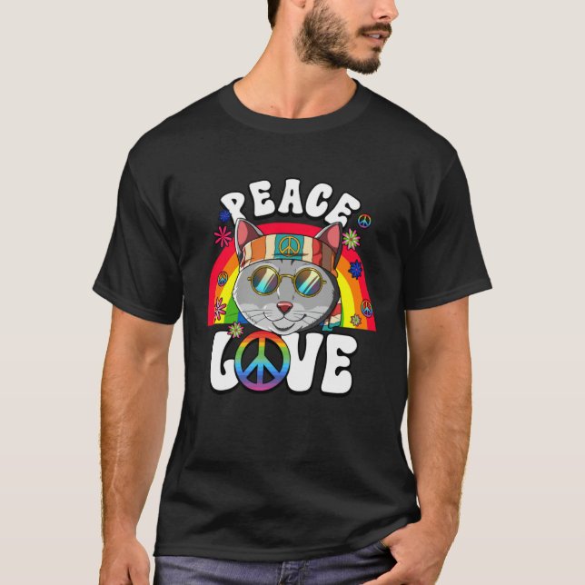 60s 70s Costume Peace Love Hippie Cat T-Shirt (Front)
