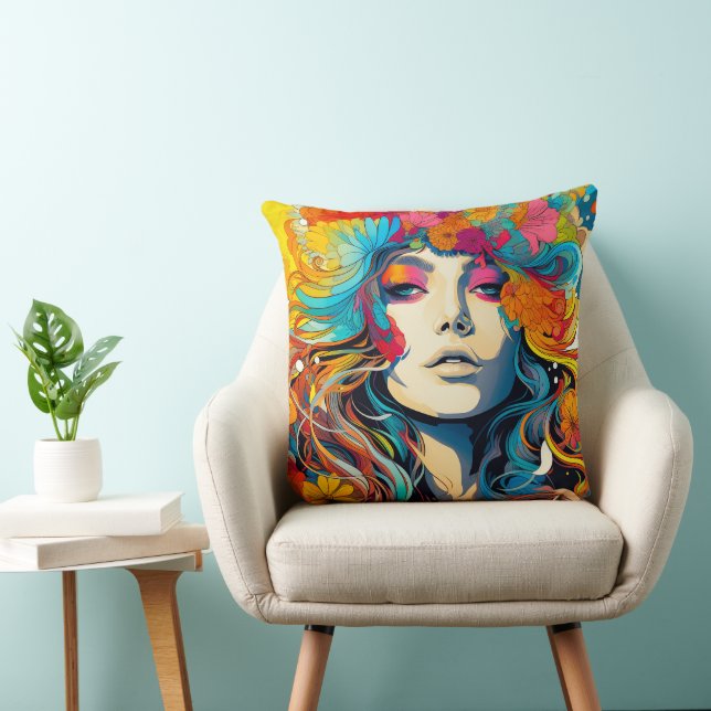 60s 70s Hippy Woman Psychedelic Hippie Cushion (Chair)