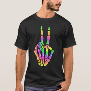 60s 70s Tie Dye Skeleton Hand Peace Sign Bones Hip T-Shirt