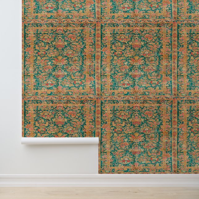 60s Green Turkish Persian pattern peel and stick Wallpaper (Application)