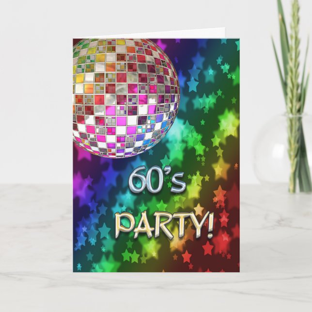 60s invitation with disco ball and rainbow of star (Front)