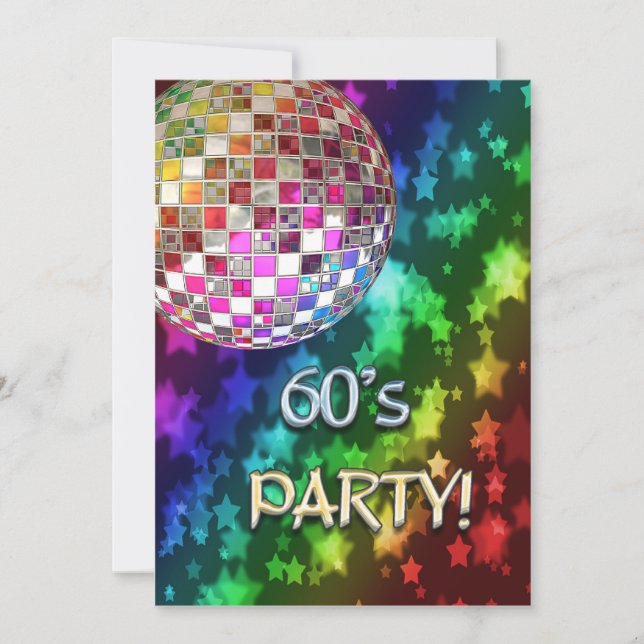 60s invitation with disco ball and rainbow of star (Front)