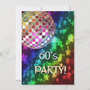 60s invitation with disco ball and rainbow of star