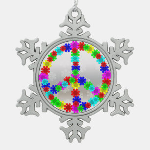 60's Peace Flowers Symbol Snowflake Pewter Christmas Ornament
