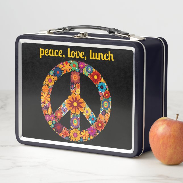 60s Peace Sign Flower Hippy Metal Lunch Box (In Situ)